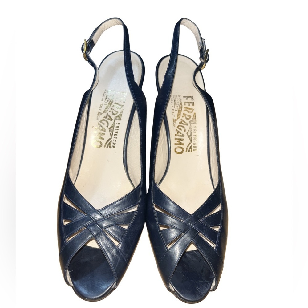 Salvatore Ferragamo Navy Leather Peep-Toe Slingbacks | 7.5AA